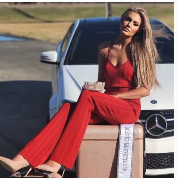 HOUSE OF CB Devi Jumpsuit Red Bandage Side Zip On Stretch V Neck Size S - Picture 2 of 11